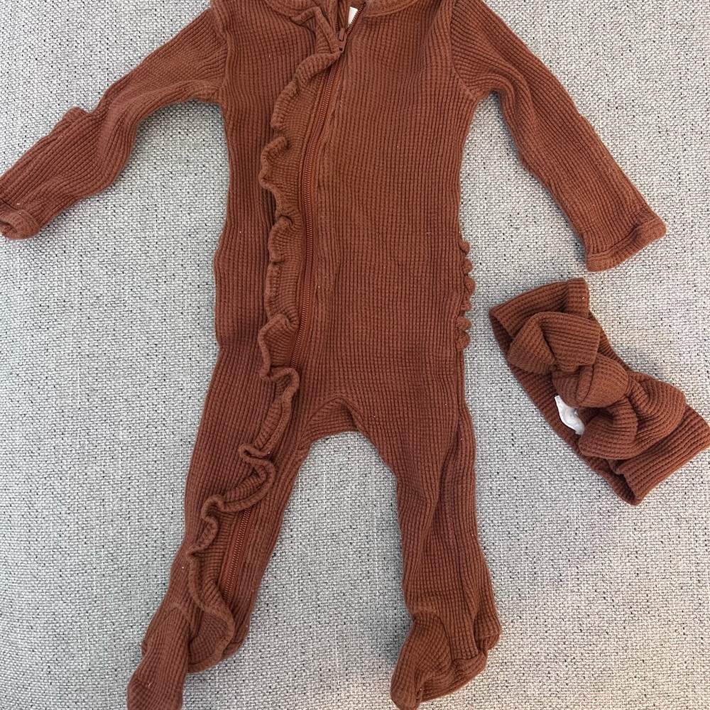 Rust Kids Footie with Ruffle Accents